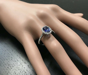 3.10 Carats Exquisite Natural Blue Sapphire and Diamond 14K Solid White Gold Ring