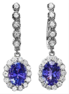 Exquisite 5.25 Carats Natural Tanzanite and Diamond 14K Solid White Gold Earrings