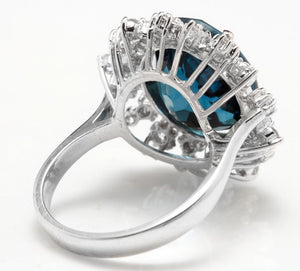 11.80 Carats Exquisite London Blue Topaz and Diamond 14K Solid White Gold Ring