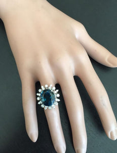 11.80 Carats Exquisite London Blue Topaz and Diamond 14K Solid White Gold Ring
