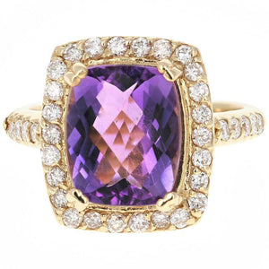 4.70 Carats Natural Impressive Amethyst and Diamond 14K Yellow Gold Ring