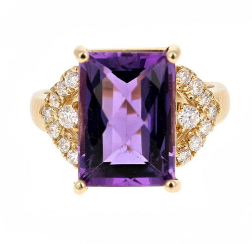 14.60 Carats Natural Amethyst and Diamond 14K Solid Yellow Gold Ring