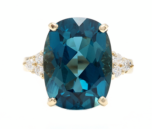 9.85 Carats Natural Impressive London Blue Topaz and Diamond 14K Yellow Gold Ring
