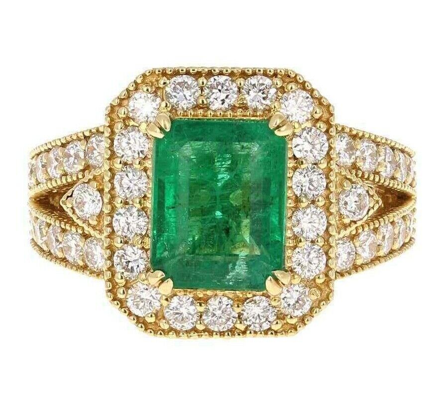 4.40 Carats Natural Emerald and Diamond 14K Solid Yellow Gold Ring