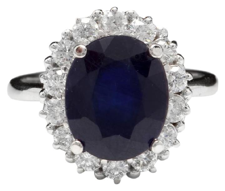 8.10 Carats Exquisite Natural Blue Sapphire and Diamond 14K Solid White Gold Ring