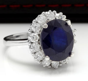 8.10 Carats Exquisite Natural Blue Sapphire and Diamond 14K Solid White Gold Ring