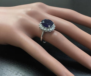 8.10 Carats Exquisite Natural Blue Sapphire and Diamond 14K Solid White Gold Ring