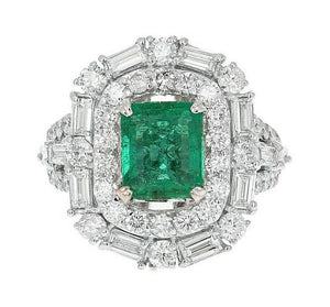 5.50 Carats Natural Emerald and Diamond 18K Solid White Gold Ring