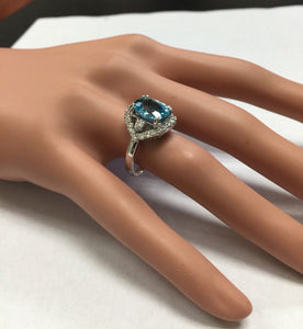 7.80 Carats Natural Very Nice Looking Blue Zircon and Diamond 14K Solid White Gold Ring