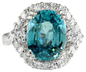 7.80 Carats Natural Very Nice Looking Blue Zircon and Diamond 14K Solid White Gold Ring