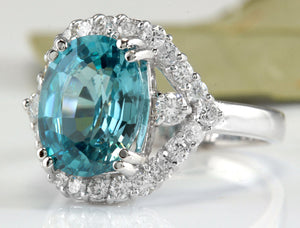 7.80 Carats Natural Very Nice Looking Blue Zircon and Diamond 14K Solid White Gold Ring