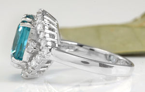 7.80 Carats Natural Very Nice Looking Blue Zircon and Diamond 14K Solid White Gold Ring