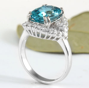 7.80 Carats Natural Very Nice Looking Blue Zircon and Diamond 14K Solid White Gold Ring