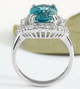 7.80 Carats Natural Very Nice Looking Blue Zircon and Diamond 14K Solid White Gold Ring