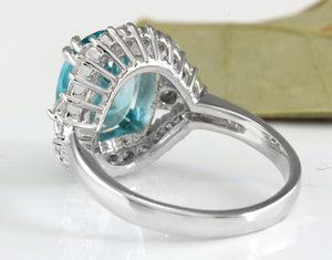 7.80 Carats Natural Very Nice Looking Blue Zircon and Diamond 14K Solid White Gold Ring