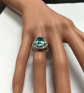 7.80 Carats Natural Very Nice Looking Blue Zircon and Diamond 14K Solid White Gold Ring