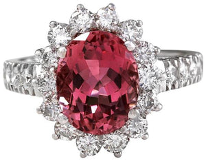 5.60 Carats Natural Very Nice Looking Tourmaline and Diamond 14K Solid White Gold Ring