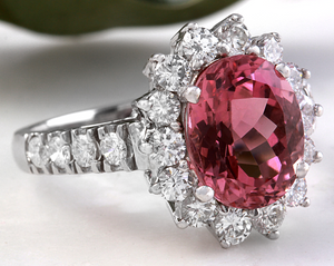 5.60 Carats Natural Very Nice Looking Tourmaline and Diamond 14K Solid White Gold Ring