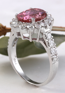 5.60 Carats Natural Very Nice Looking Tourmaline and Diamond 14K Solid White Gold Ring