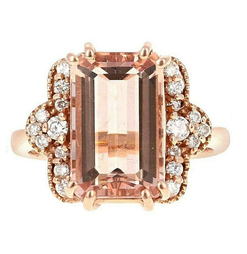 6.35 Carats Exquisite Natural Morganite and Diamond 14K Solid Rose Gold Ring