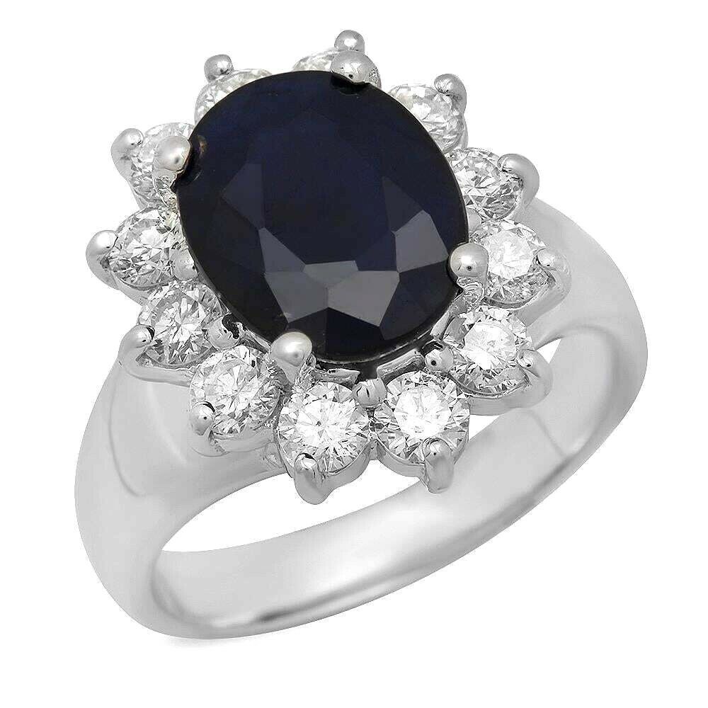 5.30 Carats Exquisite Natural Blue Sapphire and Diamond 14K Solid White Gold Ring
