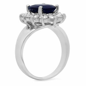 5.30 Carats Exquisite Natural Blue Sapphire and Diamond 14K Solid White Gold Ring