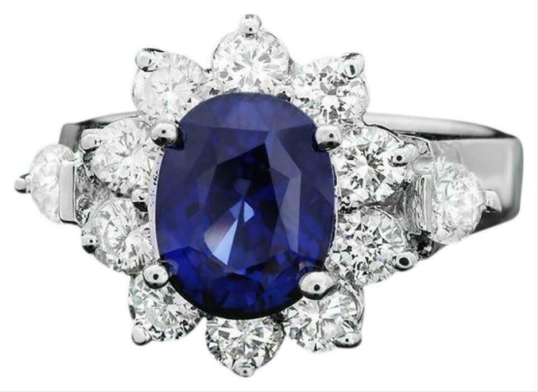 4.70 Carats Exquisite Natural Blue Sapphire and Diamond 14K Solid White Gold Ring