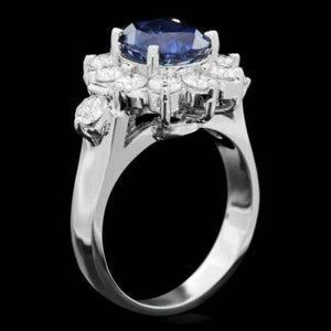 4.70 Carats Exquisite Natural Blue Sapphire and Diamond 14K Solid White Gold Ring