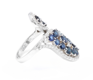 5.50 Carats Exquisite Natural Blue Sapphire and Diamond 14K Solid White Gold Ring