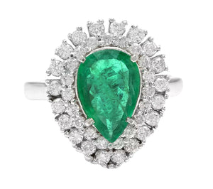 3. 70 Carats Natural Emerald and Diamond 14K Solid White Gold Ring