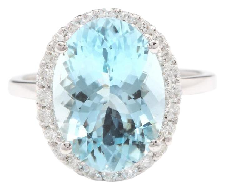 6.00 Carats Exquisite Natural Aquamarine and Diamond 14K Solid White Gold Ring