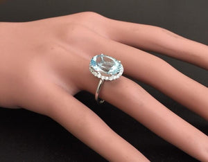 6.00 Carats Exquisite Natural Aquamarine and Diamond 14K Solid White Gold Ring