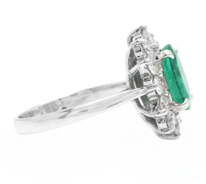3.60 Carats Exquisite Emerald and Diamond 14K Solid White Gold Ring