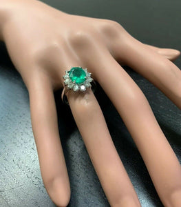3.60 Carats Exquisite Emerald and Diamond 14K Solid White Gold Ring