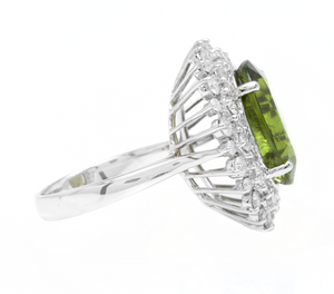 11.30 Carats Natural Very Nice Looking Green Tourmaline and Diamond 14K Solid White Gold Ring