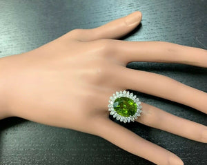 11.30 Carats Natural Very Nice Looking Green Tourmaline and Diamond 14K Solid White Gold Ring
