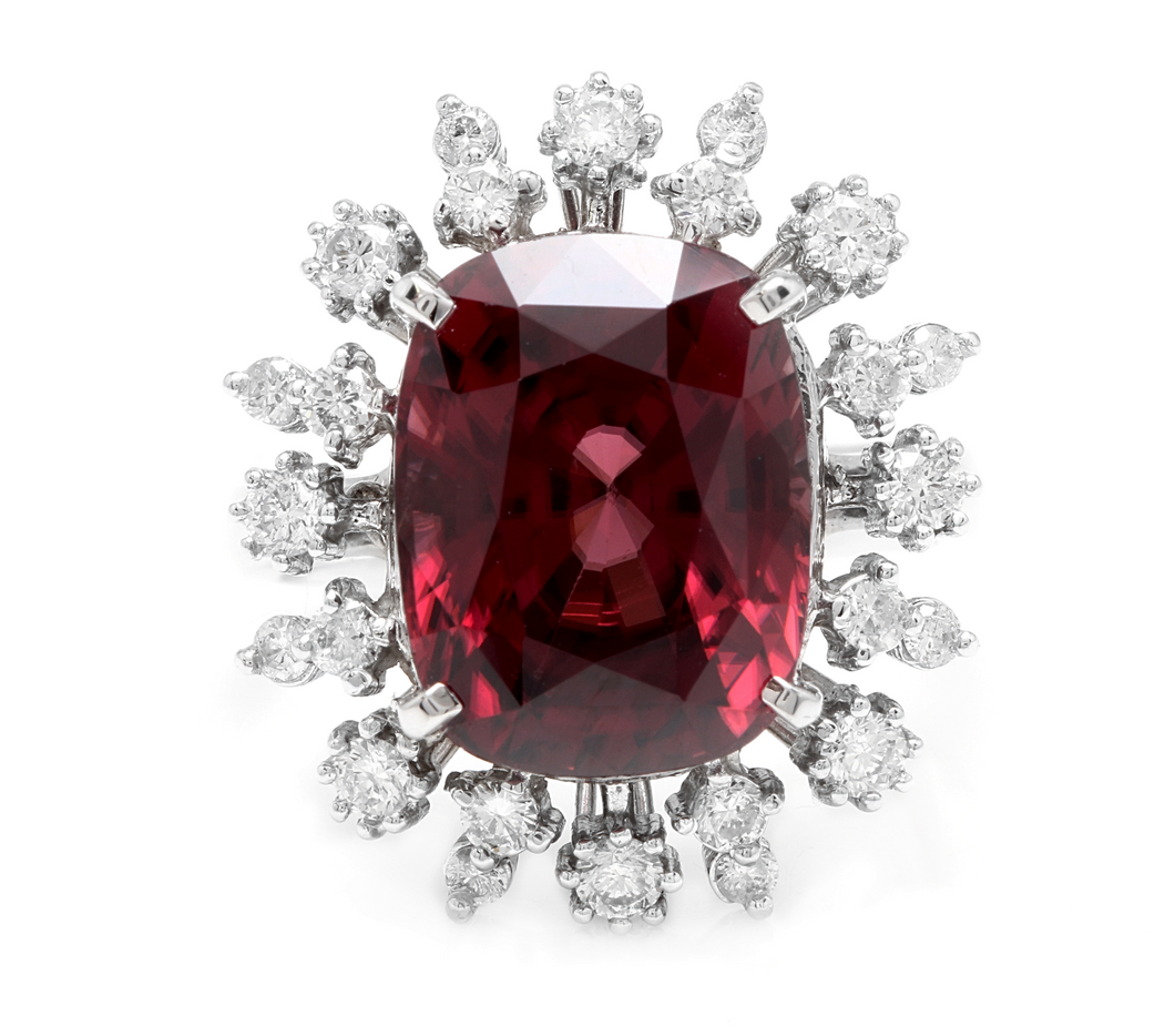 13.90 Carats Natural Very Nice Looking Red Zircon and Diamond 14K Solid White Gold Ring