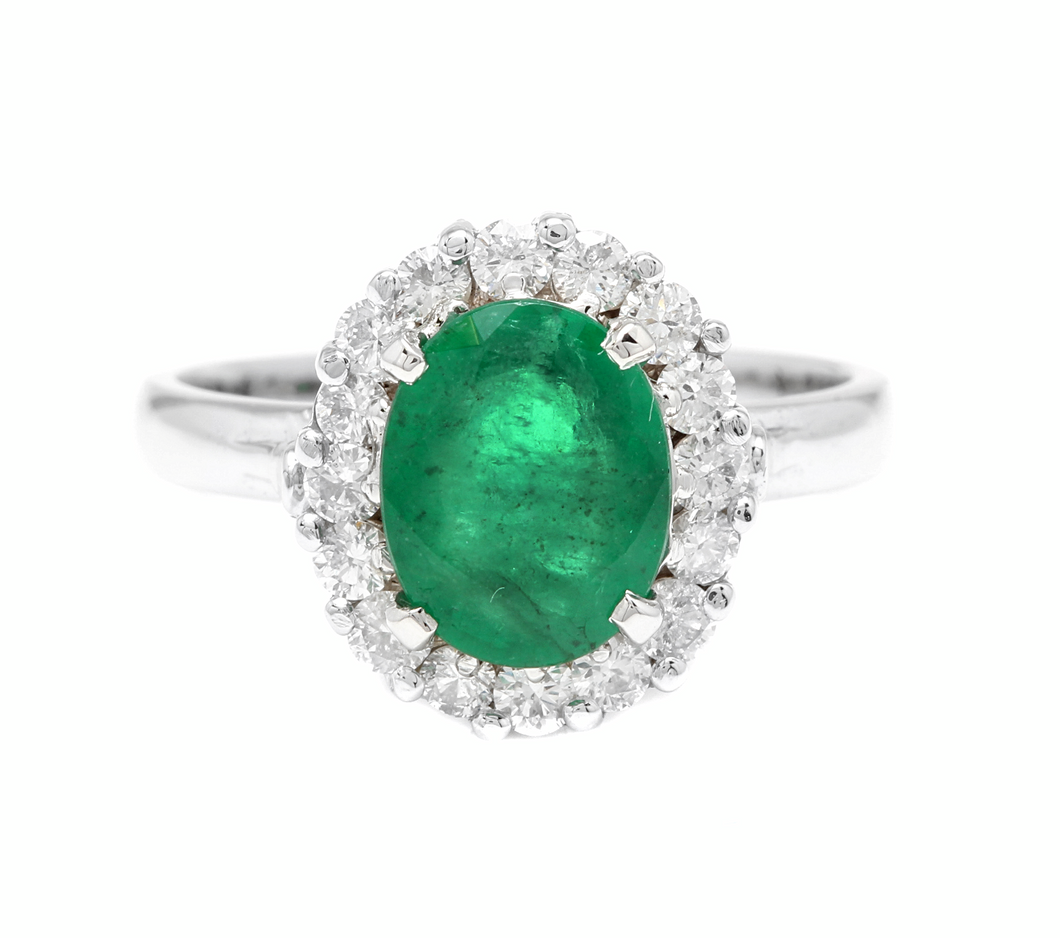 3.10 Carats Exquisite Emerald and Diamond 14K Solid White Gold Ring