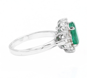 3.10 Carats Exquisite Emerald and Diamond 14K Solid White Gold Ring