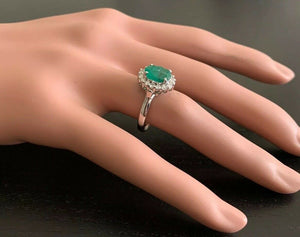 3.10 Carats Exquisite Emerald and Diamond 14K Solid White Gold Ring