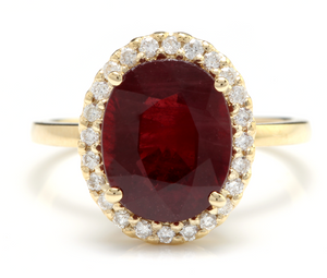 5.80 Carats Impressive Red Ruby and Natural Diamond 14K Yellow Gold Ring