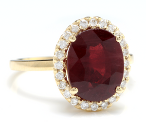 5.80 Carats Impressive Red Ruby and Natural Diamond 14K Yellow Gold Ring