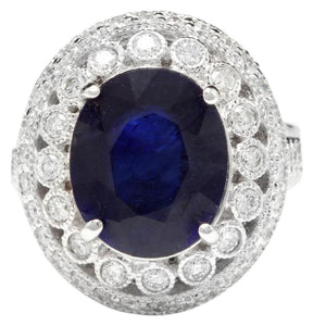 8.20 Carats Exquisite Natural Blue Sapphire and Diamond 14K Solid White Gold Ring