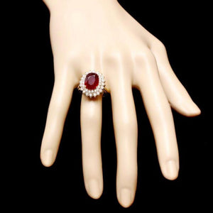 7.50 Carats Natural Red Ruby and Diamond 14K Solid Yellow Gold Ring