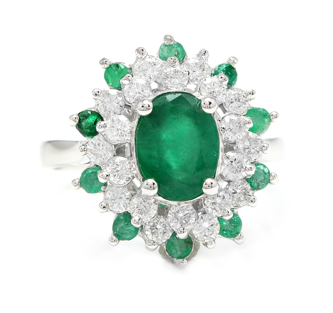 3.30 Carats Exquisite Emerald and Diamond 14K Solid White Gold Ring