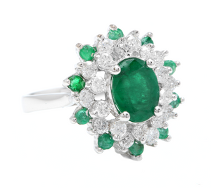 3.30 Carats Exquisite Emerald and Diamond 14K Solid White Gold Ring