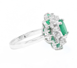 3.30 Carats Exquisite Emerald and Diamond 14K Solid White Gold Ring
