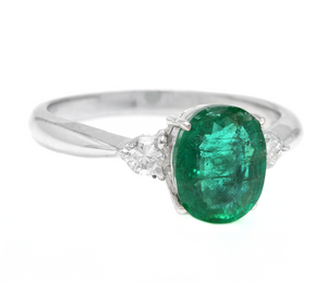 1.66 Carats Exquisite Emerald and Diamond 14K Solid White Gold Ring