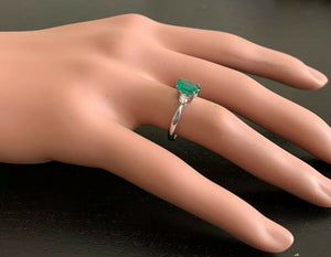 1.66 Carats Exquisite Emerald and Diamond 14K Solid White Gold Ring