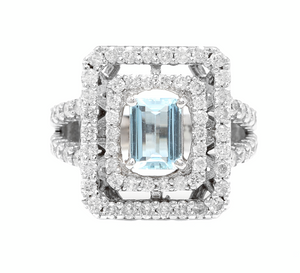 2.80 Carats Natural Aquamarine and Diamond 14K Solid White Gold Ring